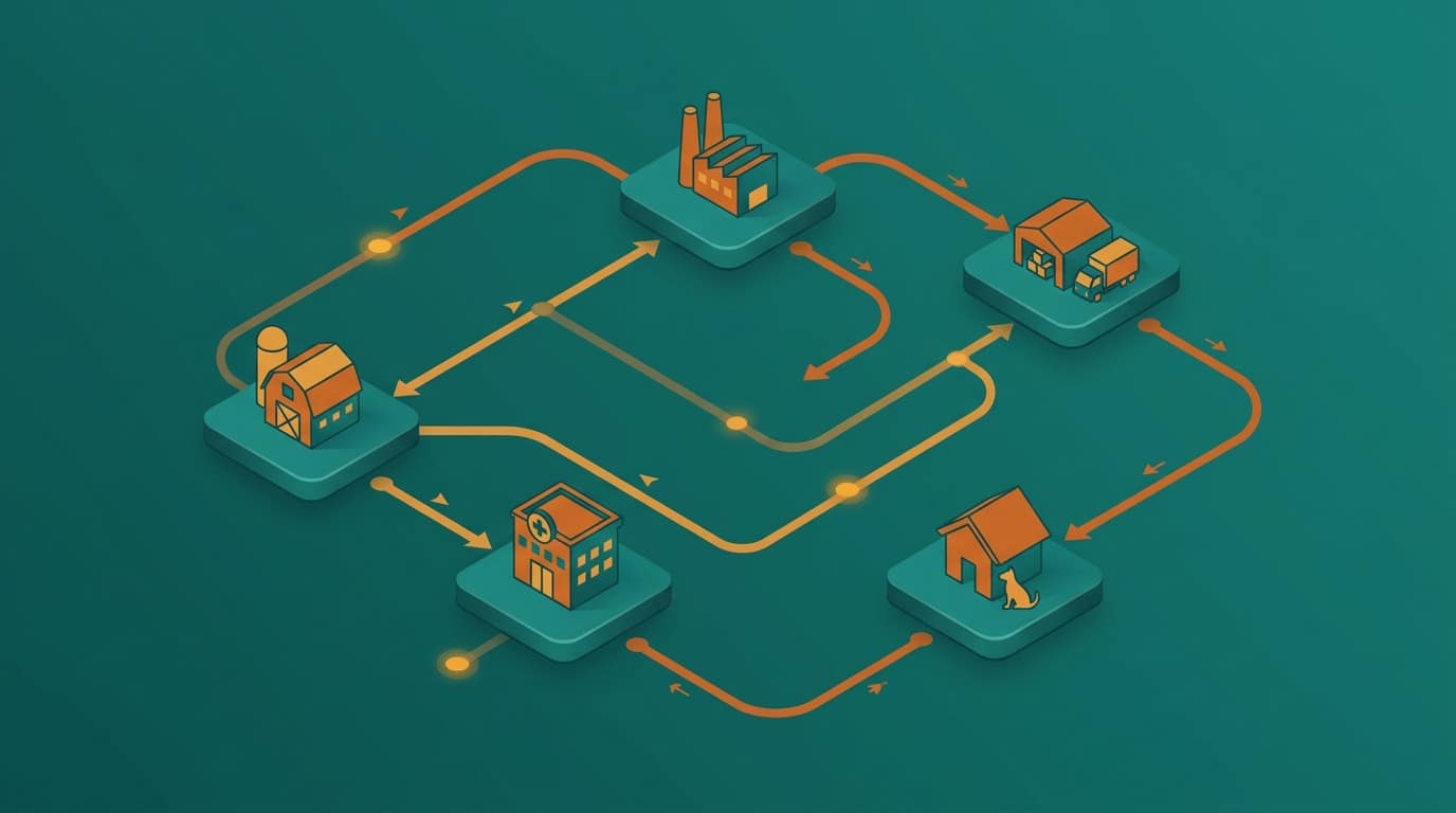 Sơ đồ isometric hệ sinh thái ngành thú y Việt Nam: trang trại, nhà sản xuất, đại lý phân phối, phòng khám thú y và người tiêu dùng kết nối thành chuỗi giá trị