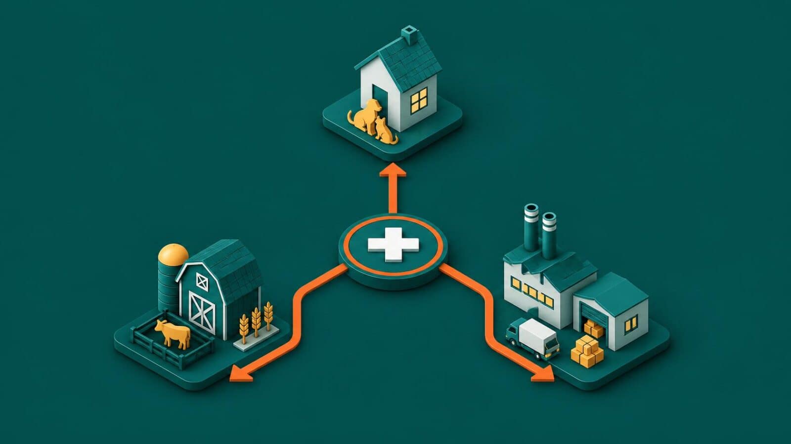Sơ đồ isometric ba nhánh ngành thú y Việt Nam: thú cưng, thú nông nghiệp và thú sản xuất tỏa ra từ một trung tâm chung