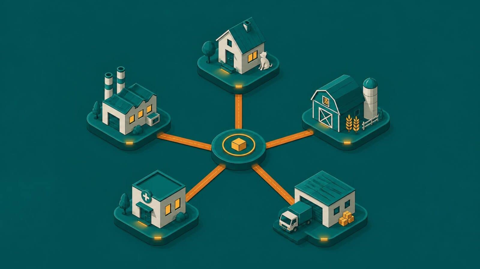 Sơ đồ isometric dạng bánh xe thể hiện năm nhóm khách hàng ngành thú y: chủ thú cưng, chủ trang trại, đại lý, phòng khám và nhà máy