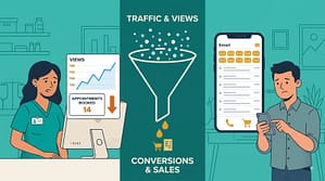Chủ phòng khám thú cưng và chủ đại lý thú y cùng nhìn vào phễu marketing, minh họa lượt xem cao nhưng ít khách mua