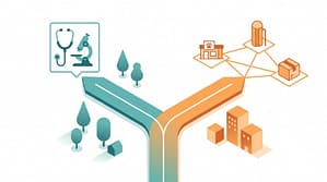 Minh họa isometric ngã ba đường: một hướng dẫn đến biểu tượng chuyên môn thú y tĩnh, một hướng dẫn đến mạng lưới kết nối phòng khám, trang trại và phân phối