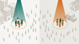 Minh họa phẳng: giữa đám đông người không mặt màu xám, một luồng sáng teal chiếu vào nhóm chủ nuôi mèo cạnh khu căn hộ và một luồng sáng cam chiếu vào nhóm đại lý cạnh kho hàng, mỗi nhóm được đánh dấu bằng vòng tròn mục tiêu màu vàng hổ phách