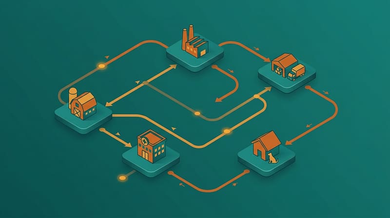 Sơ đồ isometric hệ sinh thái ngành thú y Việt Nam: trang trại, nhà sản xuất, đại lý phân phối, phòng khám thú y và người tiêu dùng kết nối thành chuỗi giá trị