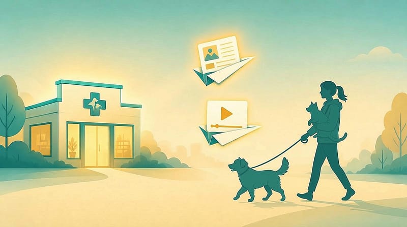 Minh họa content marketing thú y — nội dung giáo dục (bài viết, video) bay từ phòng khám thú cưng đến chủ nuôi đang dắt chó đi dạo cùng mèo, tượng trưng cho việc thu hút khách hàng bằng giá trị thay vì quảng cáo trực tiếp