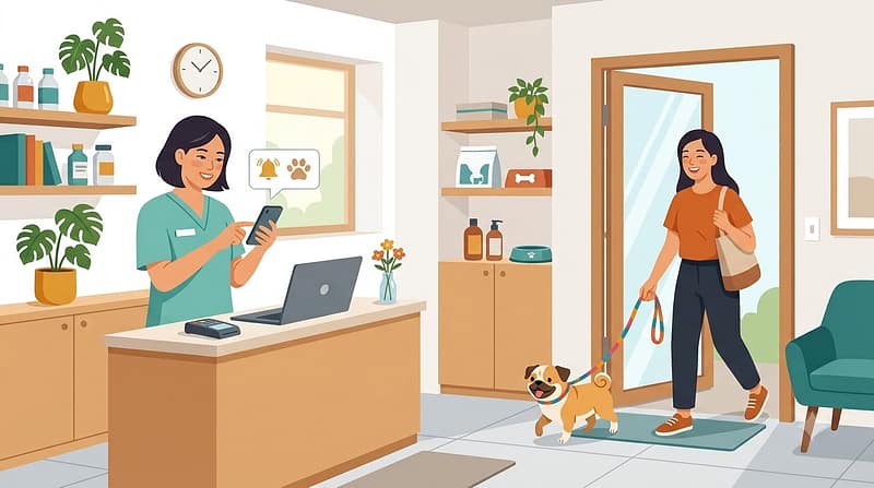 Minh họa bác sĩ thú y xem thông báo nhắc lịch tái khám trên điện thoại tại quầy lễ tân, khách hàng dắt chó cưng bước vào phòng khám