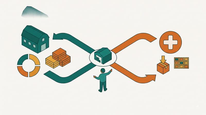 Minh họa vector phẳng: đại lý phân phối đứng tại điểm trung tâm với hai con đường phân nhánh — đường teal dẫn đến trang trại chăn nuôi, đường cam dẫn đến phòng khám thú cưng — thể hiện nhu cầu tách bạch định vị theo từng phân khúc