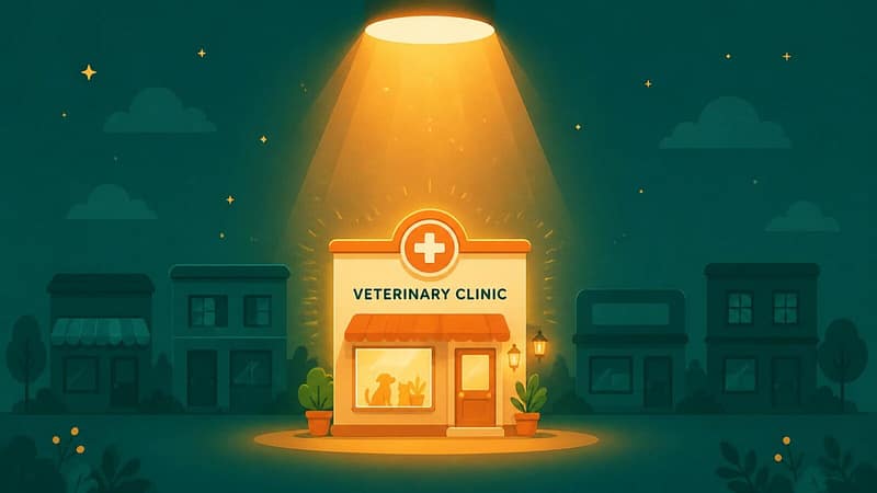 Minh họa phòng khám thú y được chiếu sáng nổi bật giữa các tòa nhà mờ nhạt, tượng trưng cho vai trò của marketing giúp phòng khám được khách hàng nhìn thấy